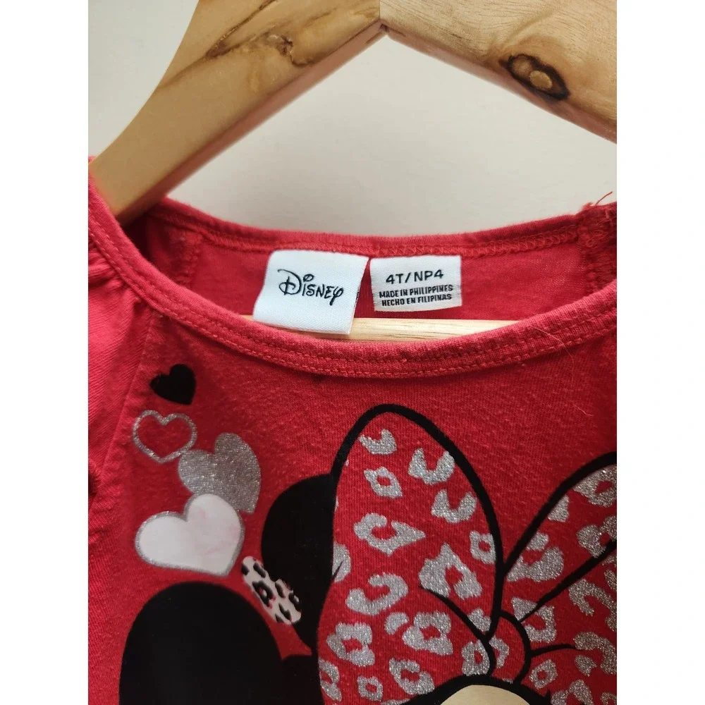 Disney Minnie Mouse Girls Red Flutter Sleeve Graphic T-Shirt Size 4T Leopard Bow